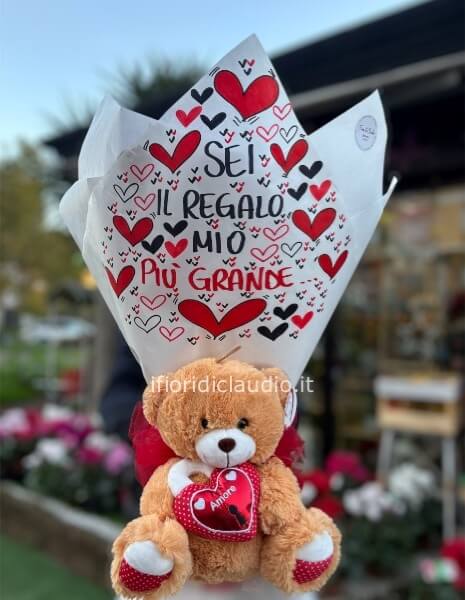 Mazzo di rose Con Dedica e peluche 